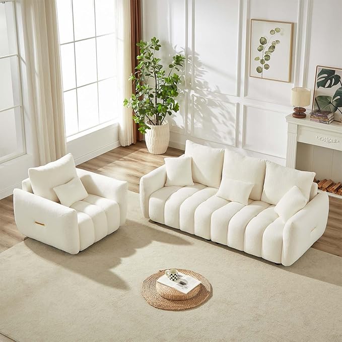 Antetek Teddy Sofa Set for Living Room Modern Deep Seat Sofa Chair and Oversized 3-Seater Cloud Boucle Couch for Bedroom Office Apartment Furniture Set Beige (2 Piece)
