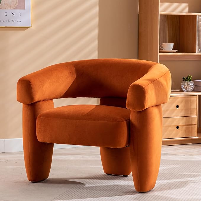 Mid Century Modern Accent Barrel Chair Comfy Upholstered Round Armchair with Montage Design Velvet Boucle Lounge Chair for Living Room Bedroom Apartment Orange