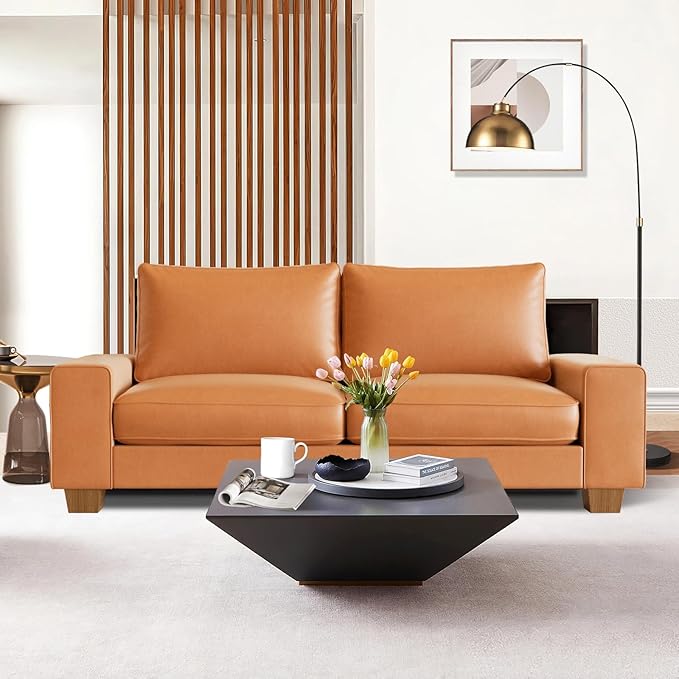 Faux Leather Couch Mid Century Modern Comfy Loveseat Sofa with Wide Arm Side Pockets Solid Wooden Frame for Office Living Room and Bedroom 2 Seater (Brown 71.25 Inches)