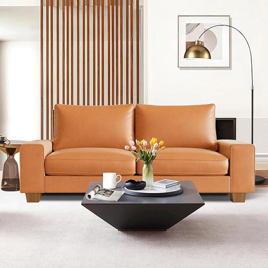 Faux Leather Couch Mid Century Modern Comfy Loveseat Sofa with Wide Arm Side Pockets Solid Wooden Frame for Office Living Room and Bedroom 2 Seater (Brown 71.25 Inches)