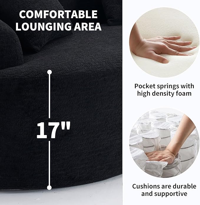110 Black Curved Boneless Couch with Cushions Modern Cloud Sofa for Living RoomChenille Sectional Minimalist Deep Seat Luxurious No Assembly
