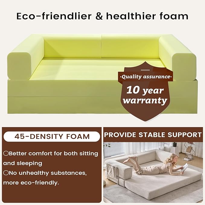 Convertible Sleeper Sofa Bed Corduroy Upholstered Modular Floor Couch Queen/King Size Foldable Futon with futon Memory Foam for Apartment Living Room Bedroom (Off White 80.15)