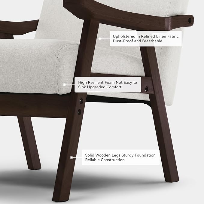 COMHOMA Modern Accent Chair Upholstered Mid Century Lounge Chair with Curved Solid Wood Armrests Single Sofa Reading Chair Suitable for Living Room Bedroom (Beige Brown)