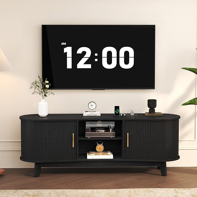 Mid Century Modern TV Stand for 65 Inch TVs Fluted TV Stands with Open Shelves and Sliding Door Media Cabinet with Power Outlet Entertainment Center with Storage for Living Room Black