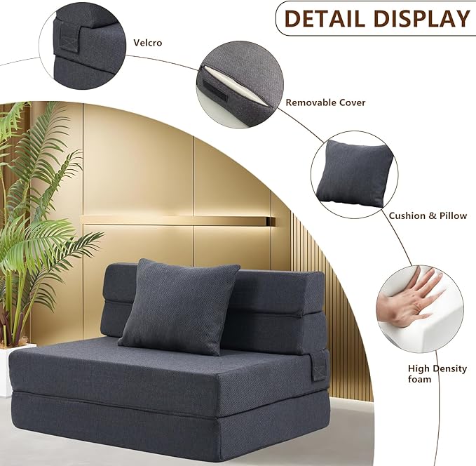 Convertible Folding Sofa Bed Sleeper Chair with Memory Foam &amp Pillow Multi-Functional Foldable Floor Mattress for Bedroom Living Room Dorm Office (Black)