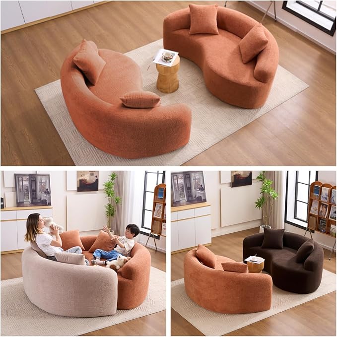 67 Curved Loveseat SofaFull Sponge Compression Sofa Chinese Tai Chi StyleS-Shaped Couch for Small SpacesNo Installation RequirementWood Grain Chenille Fabric (Coral67)