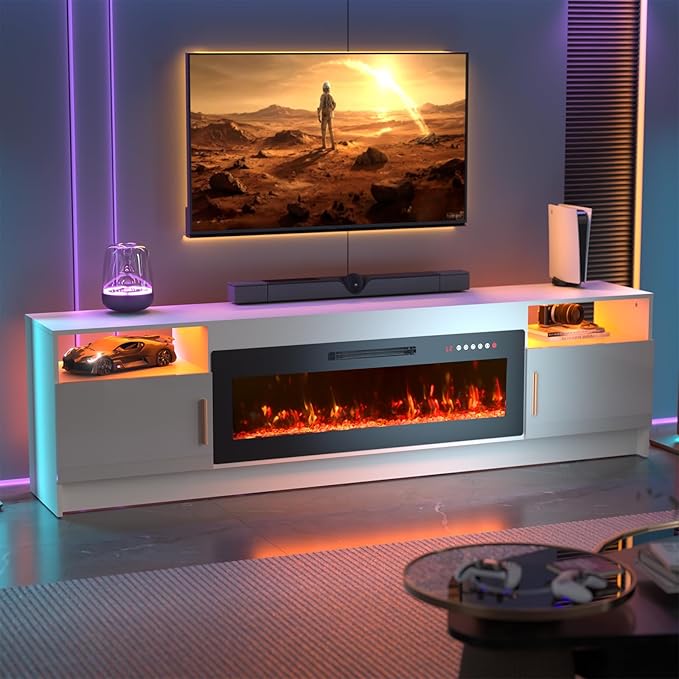 80'' TV Stand with Fireplace and Led Light-White Entertainment Center for 90 inch TV- TV Cabinet with Storage High Glossy Door Modern TV Console for Living Room