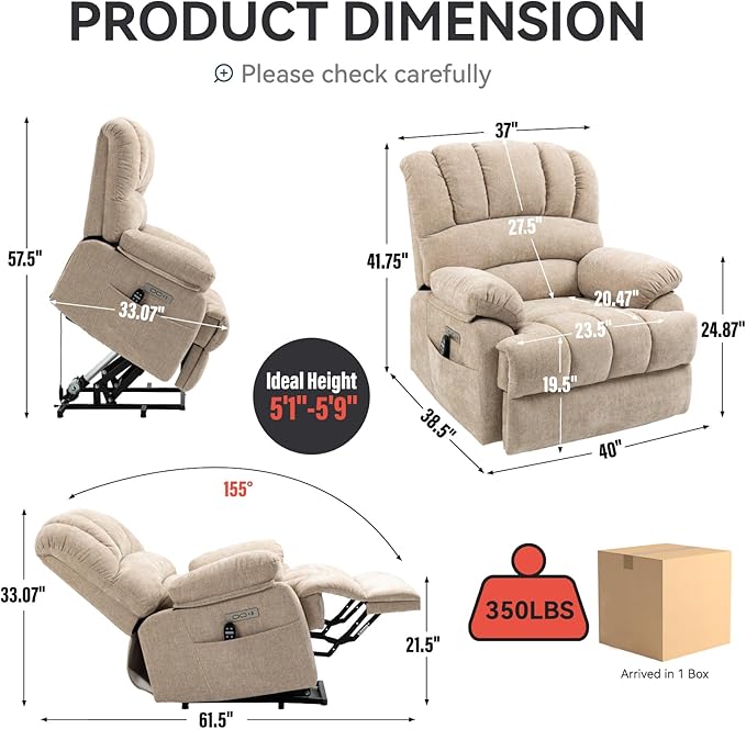 Power Lift Recliner Chair for Elderly with Heat Function 8 Node Massage with 3 Modes Silent Operation Oversized Electric Lift Recliner Single Sofa for Living Room with USB Charging Beige