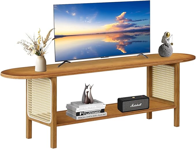 Bamboo TV Stand for TVs up to 65 Accent Entertainment Center with Storage Media Console Table with Rattan Modern TV Stand for Living Room Bedroom 55(L) Walnut