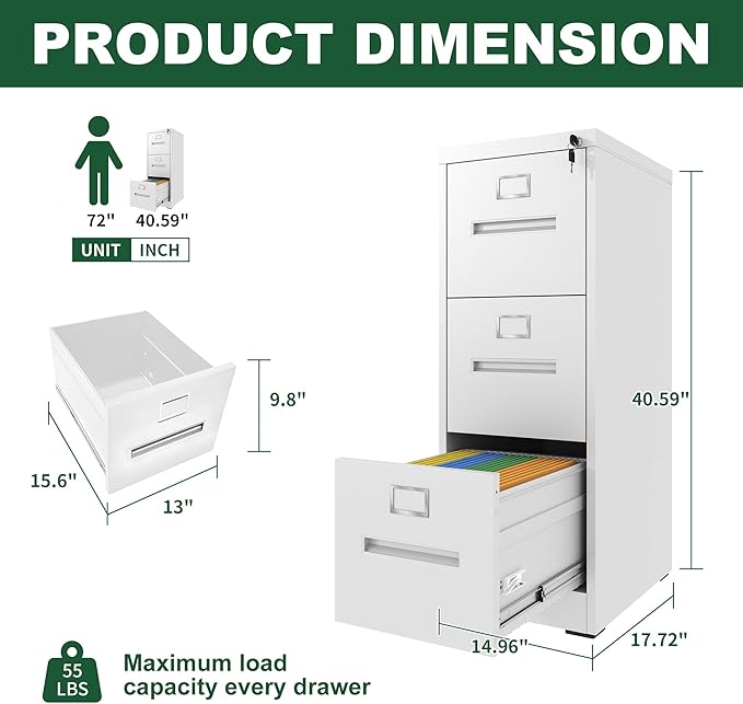 3 Drawer File Cabinet with LockMetal Vertical Filing Cabinets Office Home A4 Legal/Letter Size Narrow File Cabinet LockedAssembly RequiredWhite