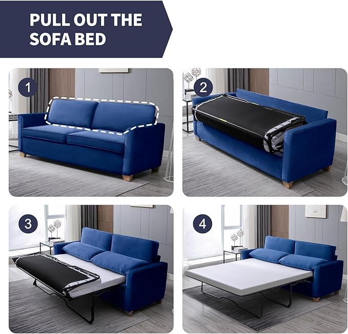 ZAFLY 77 Pull Out Sofa Bed Convertible Sleeper Sofa with Memory Foam Mattress Velvet Modern Couch Bed for Home Apartment Easy Assembly - Blue