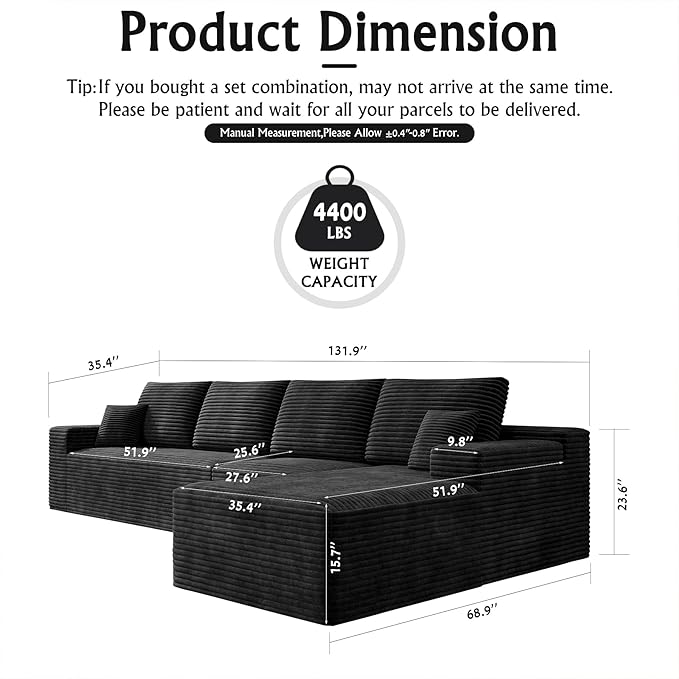 3-Piece Boneless Modular Sectional Sofa Cloud Couch with Right Facing Chaise Oversized Deep Seat Soft Corduroy Fabric Sectional Couch for Living Room-Black