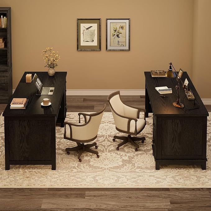 Farmhouse Home Office Desk with Power Outlets &amp USB Ports 53.5 Inch Writing Desk with Adjustable File Cabinet and Storage Drawers Executive Computer Desk for Study Workspace