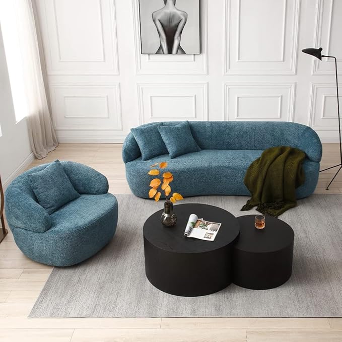 Curved Sofa Couch 86.6 3-Seater Modern Boucle Sectional Sofa Couch Comfy Cloud Upholstered 3 Seat Leisure Cushion Sofa with Pillows for Living Room Bedroom Office ApartmentNavy Blue