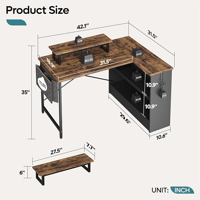 Bestier Small L Shaped Desk with LED Lights 42 Reversible Computer Desk with Open Storage Cabinet &amp Monitor Stand Corner Desk with Side Storage Bag for Home Office Bedroom Rustic Brown