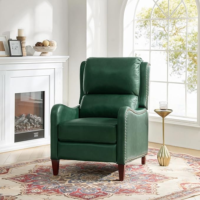 HULALA HOME Genuine Leather Recliner Chair Modern Push Back Recliner Armchair with Thick Seat Backrest &amp Footrest Nailhead Decor for Living Room Bedroom Green