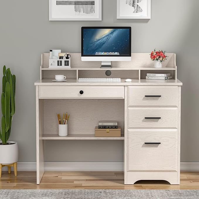 White Home Office Desk with 4 Drawers &amp Hutch Computer Table for Bedroom Off-White