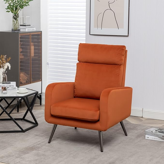 Velvet Accent Chair Modern Living Room Armchair Bedroom Dorm Reading Reception Room Comfort Upholstered Sofa Chair Black Metal Legs Orange