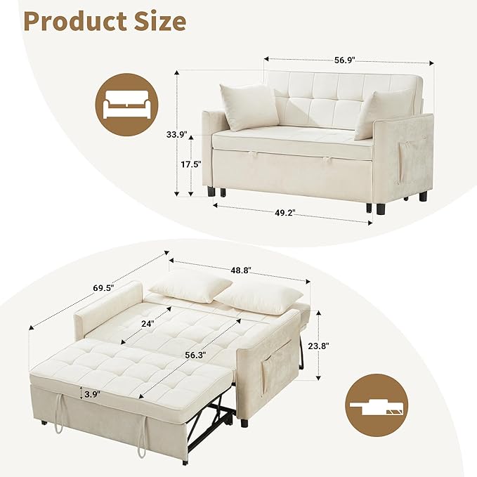 Tbfit 57 Convertible Sofa Bed Chenille Futon Sleeper Sofa Couch with Pullout Bed USB &amp Adjustable Backrest Full Size Pull Out Loveseat Couches for Living Room Apartment Office Dorm Beige