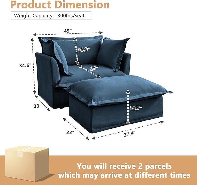 Aoowow Oversized Modular Sectional Sofa Chair with Movable Ottoman 49” Chenille Single Armchair Comfy Deep Seat Couch Sofa with Big Toss Pillows for Living Room Apartment Office(Blue-Chenille)