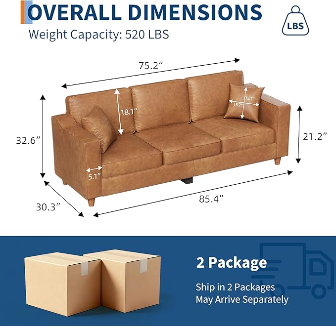 Garvee 85 Inches 3-Seater Sofa Couch with 2 Throw Pillows Faux Leather Couch with Wide Armrests Wood Legs Deep Seats Back Cushion Sturdy Support Feet Sofa Couches for Living Room Office Brown