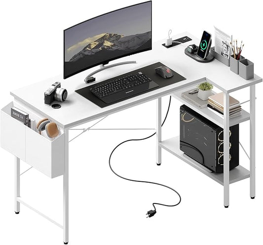 DUMOS Corner Gaming Desk39 L Shaped Computer Desk with 3AC+2USB+1Type-C Power Strip Storage Shelves &amp Side Hanging Fabric Organizer White Gaming Workstation for Home Office and Bedroom