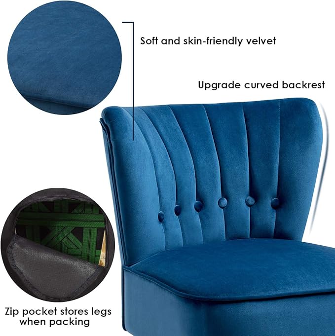 Giantex Set of 2 Modern Velvet Accent Chair Small Upholstered Leisure Sofa Chair w/Wood Legs Thickly Padded and Button Tufted Armless Wingback Club Chairs for Living Room Bedroom Furniture Blue
