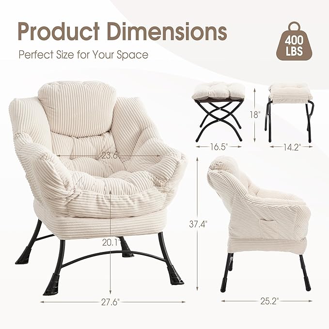 Lazy Chair with Ottoman Comfy Lounge Chair for Reading Relaxing and Napping Perfect for Living Room Bedroom or Office White
