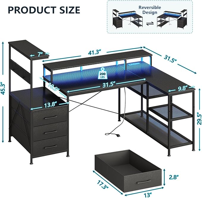 L Shaped Gaming Desk with Drawers &amp Storage Shelves Corner Gaming Desk with Power Outlets &amp LED Light Reversible Computer Desk with Monitor Stand &amp Hooks Carbon Fiber Black