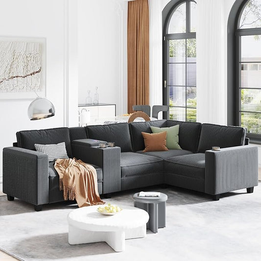 Corduroy Modular Sectional with USB &amp Type-c Port Oversized L-Shaped Couch with Two Hidden Storage Space Corner Couch with Three Cup-Holder Sectional Couches for Living Room Grey 4 Seat