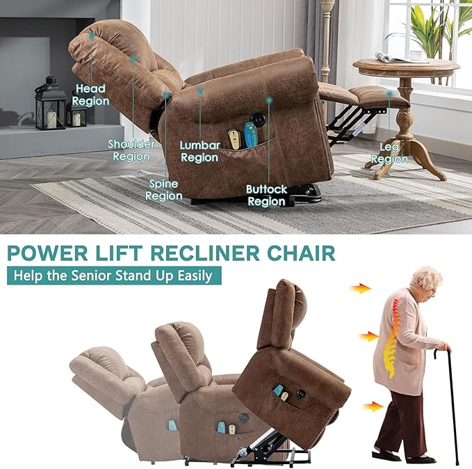 MEETWARM Large Power Lift Electric Recliner Chair with Massage and Heat Overstuffed Wide Recliner for Elderly Heavy Duty Recliner for Living Room with 2 Remote Controls/Side Pockets/USB Ports(Brown)