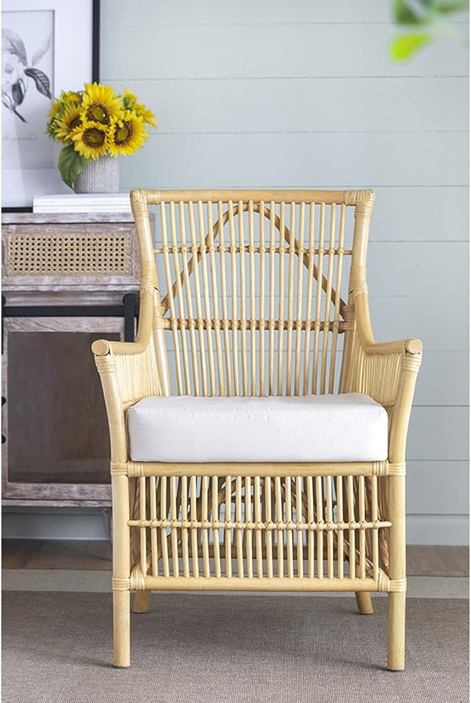A and B Home 37.8 H Yellow and White Rattan Indoor Arm Chair w/Soft Thick Cushion Traditional Style Chair Side Chair