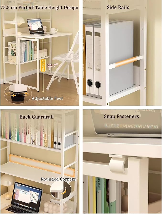 2-in-1 Bookshelf Desk Combo Folding Desk with Storage Shelf 5 Tier Bookshelf with Foldable Table White Carbon Steel Storage Rack with Wood Writing Desks for Home Office (23.6″)