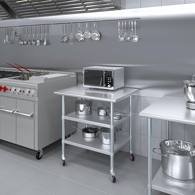 AmGood Stainless Steel Work Table with 2 Shelves and Casters | Metal Utility Table On Wheels (Stainless Steel Work Table with 2 Shelves + Casters 36 Long x 30 Deep)