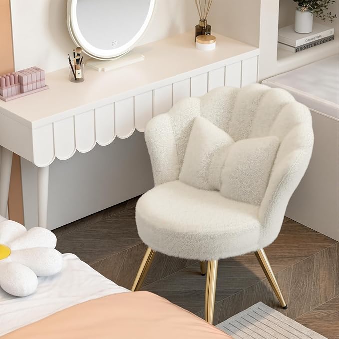 Plush Velvet Sherpa Accent Chair with Gold Metal Legs Fluffy Vanity Chair for Makeup Room Upholstered Guest Chair for Living Room for Bedroom Cream White