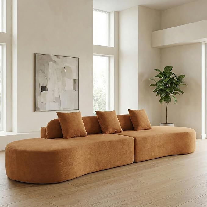 Txtin's 130” Boneless Sectional Couches for Living Room | Modern Curved Sofa Comfy Cloud Couch | Oversized Plush Modular Couch with 3 Pillows | Brown