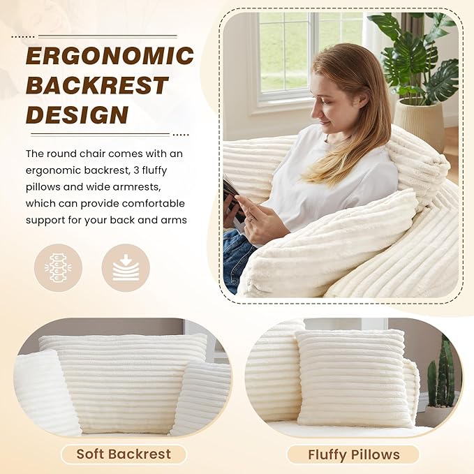 53W Oversized Round Chaise Longue Chair IndoorCorduroy Fluffy Comfy Cloud ChairCircle Bean Bag Sofa with Foam Filling &amp PillowsBoneless Reading Cozy Sofa Chairs for Living RoomBedroomWhite