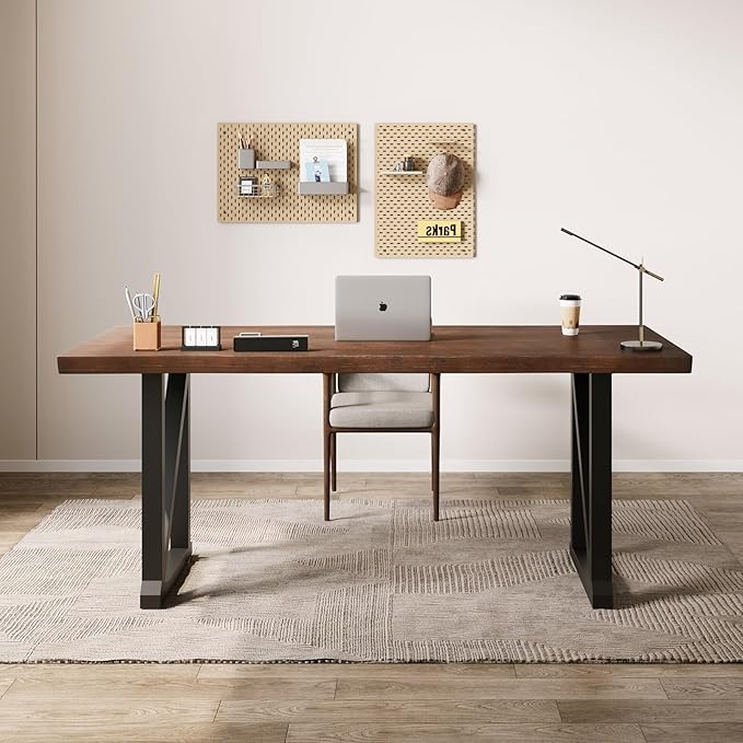 Solid Wood Desk 47 Inch Heavy Duty Business Desk Home Office DeskOffice Furniture Butcher Block Studio Desk Rustic Brown Desk （Table Thickness:1.96 inches）