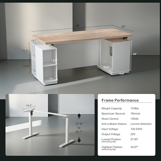 71 Standing Desk with 2 File Cabinet AC/USB 1.18 Desktop L Shaped Height Adjustable Desk Electric Furniture Set with Multiple Functions for Home and Office Light Walnut