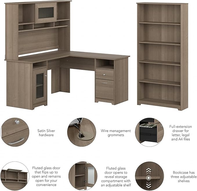 Bush Home Cabot 60W L Shaped Computer Desk with Hutch and 5 Shelf Bookcase in Ash Gray