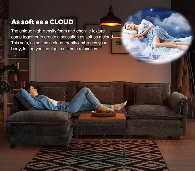 ELUCHANG Oversized 150 Modular Sectional Sofa Comfy Cloud Couch U Shaped Deep Seat Sofa Couches for Living Room 7-Seater Modern Sofa with Movable Ottoman DIY Combination - Chenille Black | Easy t