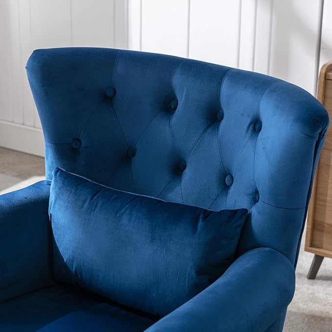 Mid Century Modern Accent Chair Upholstered Armchair Comfy Velvet Tufted Wingback Single Sofa with Ottoman for Bedroom Living Room Blue