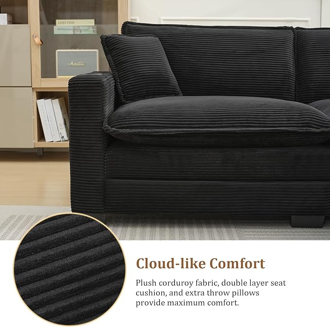 KIVENJAJA Corduroy Cloud Sectional Couch Modular Oversized Loveseat Sofa with Ottoman Cup Holders &amp USB Port Comfy 2 Seater Love Seat for Living Room Small Space 82.7”W Black