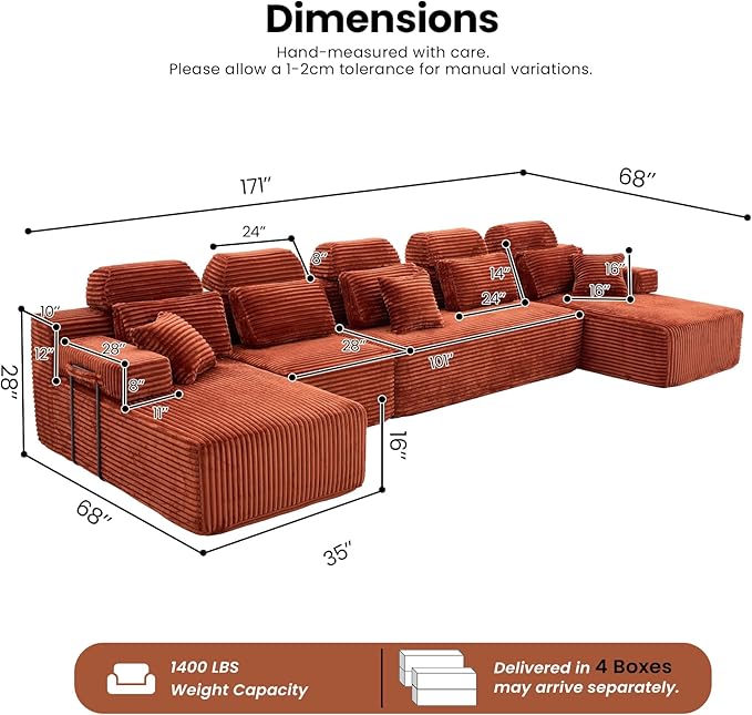 171 Boneless Couch with Reversible Chaise U Shaped Sectional Couches for Living Room Modular Sectional Sofa 28 Deep Seat Corduroy Couch Reversible Chaise Couch in a Box Orange