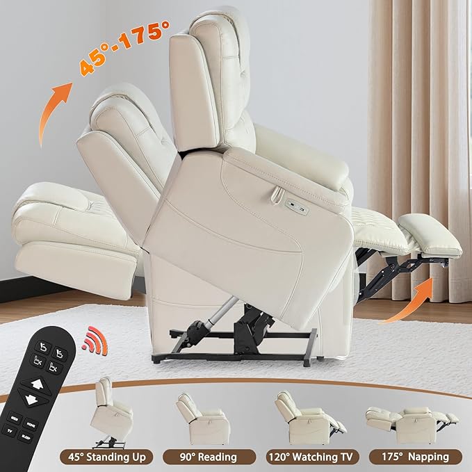 EONIX Triple Motor Lay Flat Power Lift Recliner Chair for Elderly with Massage 400lbs Electirc Lift Chair for Living Room Independent Adjustable Backrest Headrest Extended Footrest Cream White