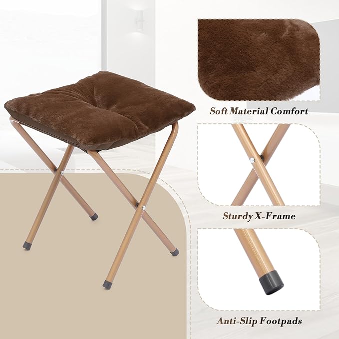 Athena Collection Comfy Saucer Chair and Ottoman Set for Adult Comfortable Faux Fur Square Oversize Folding Reading Chair with Metal Leg Lazy and Cozy for Bedroom Living Room Brown