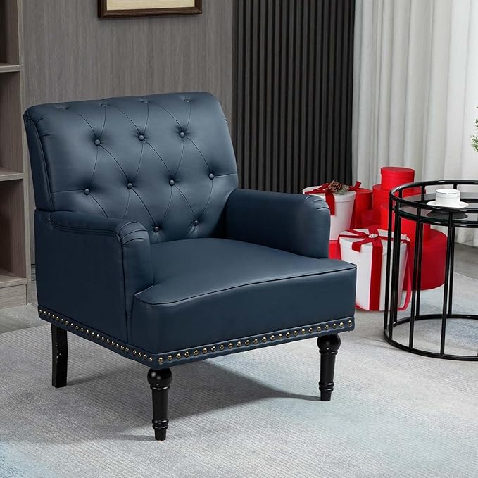 MOJAY PU Leather Accent Chair Mid-Century Armchair Living Room Sofa Chair with Rubber Wood Leg Club Chair with Rivet Trim for Bedroom Reading Room Reception (DarkBlue)