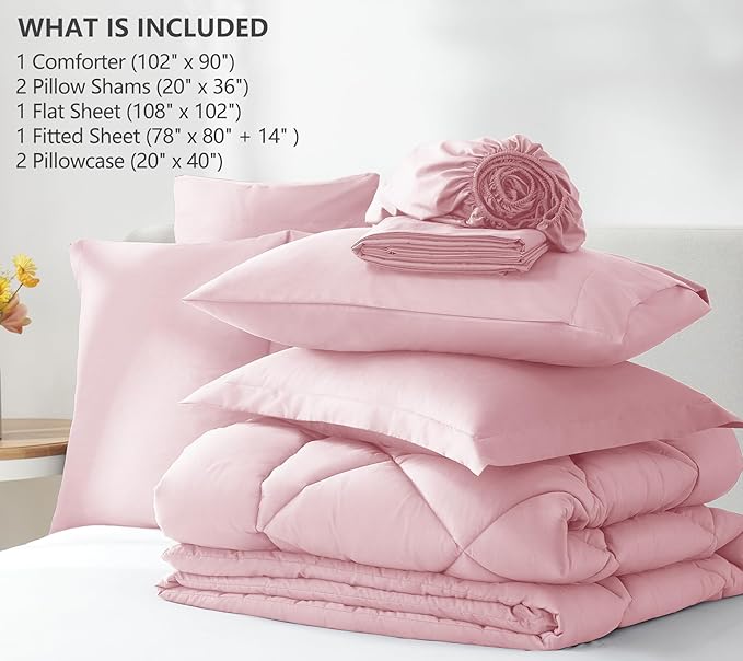 CozyLux King Size Comforter Sets Pink - 7 Pieces Bed in a Bag King Luxury Soft Bed Set for All Seasons Bedding Set with Down Alternative Comforter Sheets Pillowcases &amp Shams