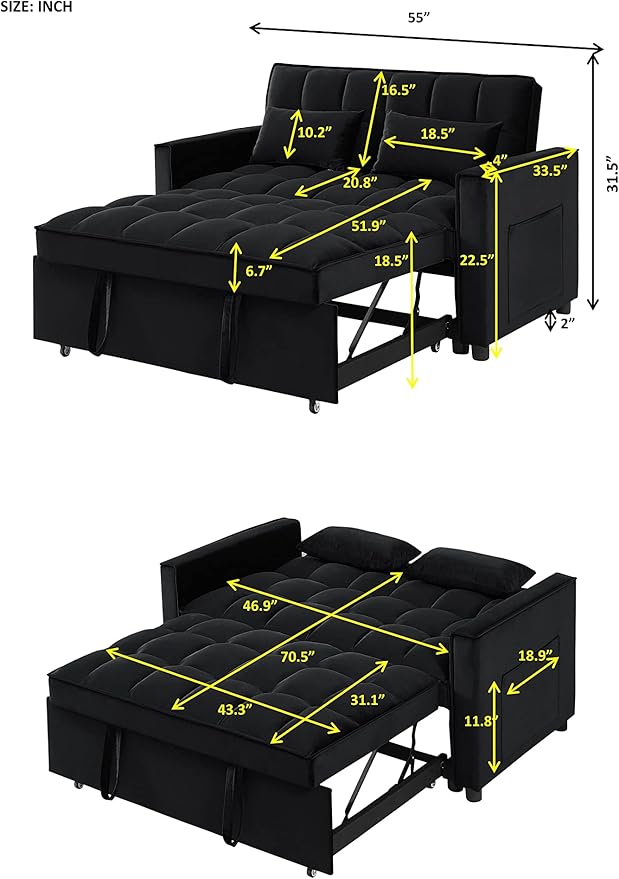 Antetek Convertible Sleeper Sofa Bed 3 in 1 Velvet Loveseat Futon Sofa Couch with Pullout Bed Black 54