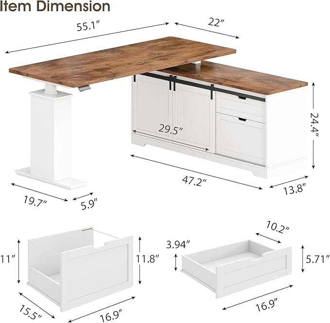 Whalefall L Shaped Standing Desk with Drawers Height Adjustable Farmhouse Executive Computer Desk Corner Desk with Cable Management and File Storage for Home Office White